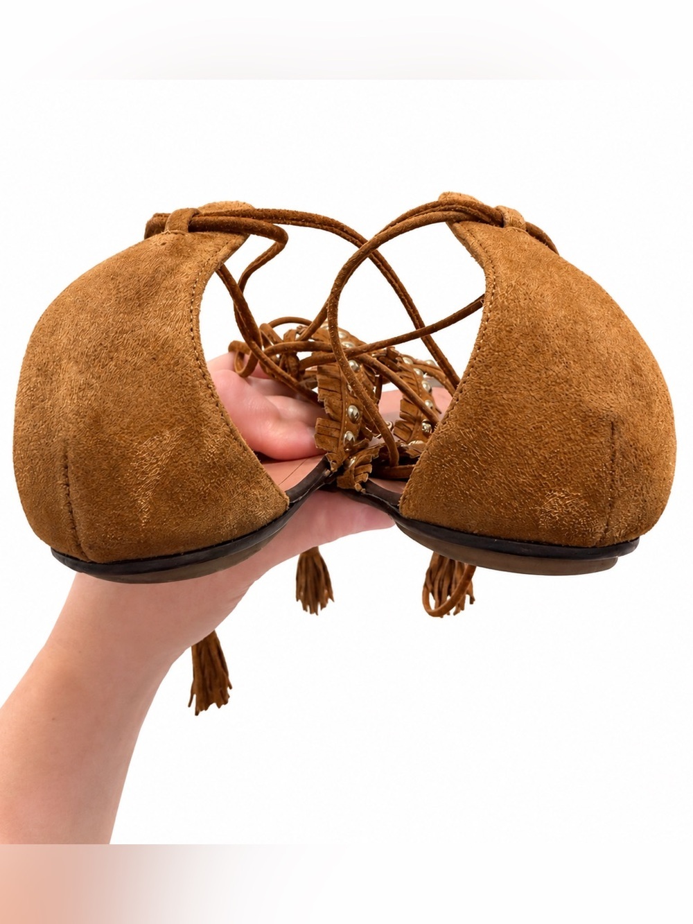 🦋Aquazzura| Brown Suede Fringe Gladiator Sandals ACL Festival Boho Size 38 - Picture 4 of 8
